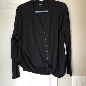Ana Black Tie Front Waffle Knit Sz LG